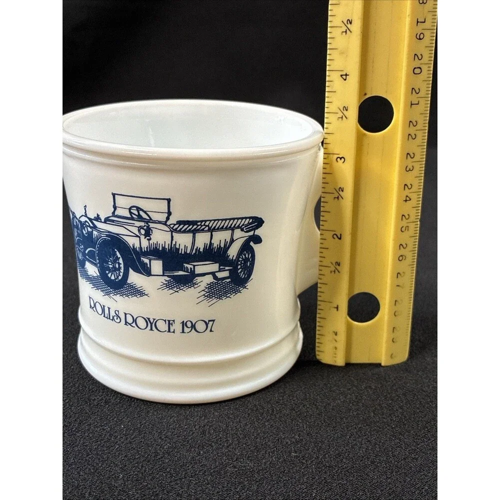 Vintage Surrey Shaving Mug Blue Rolls Royce 1907 USA Milk Glass 3.5” Grandpacore
